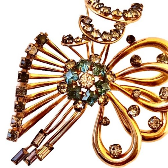 M&S Rhinestone Bow Brooch 1/20 12K Gold Filled Vintage Signed 1950s - Picture 5 of 16